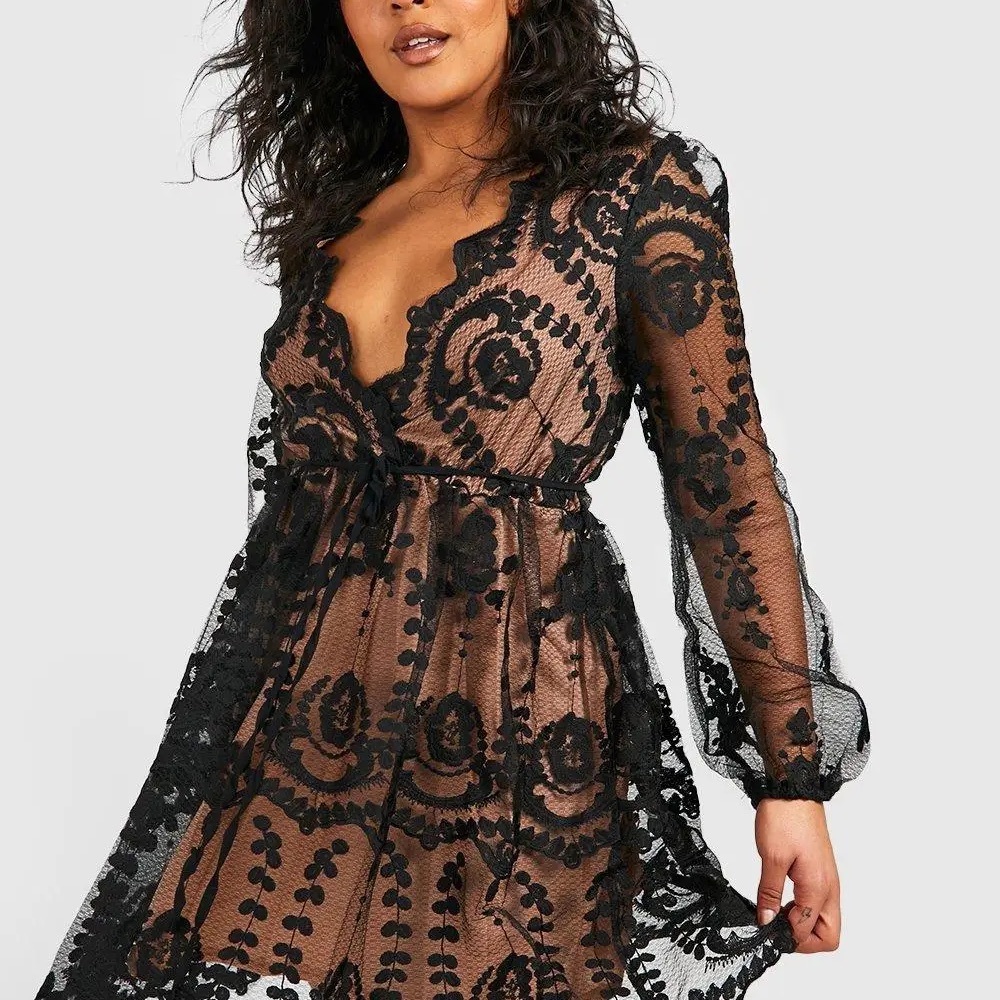 Boohoo Black Lace Plunge Skater Dress